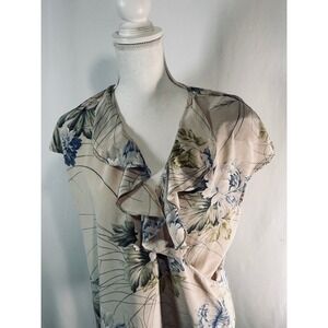 Linda Allard Ellen Tracy Womens 100% Silk Floral Ruffle Wrap Blouse Tan Blue 8